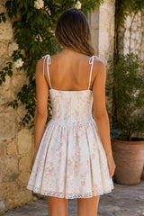 White Warm Rose Print Cotton Lace Trim Mini Dress