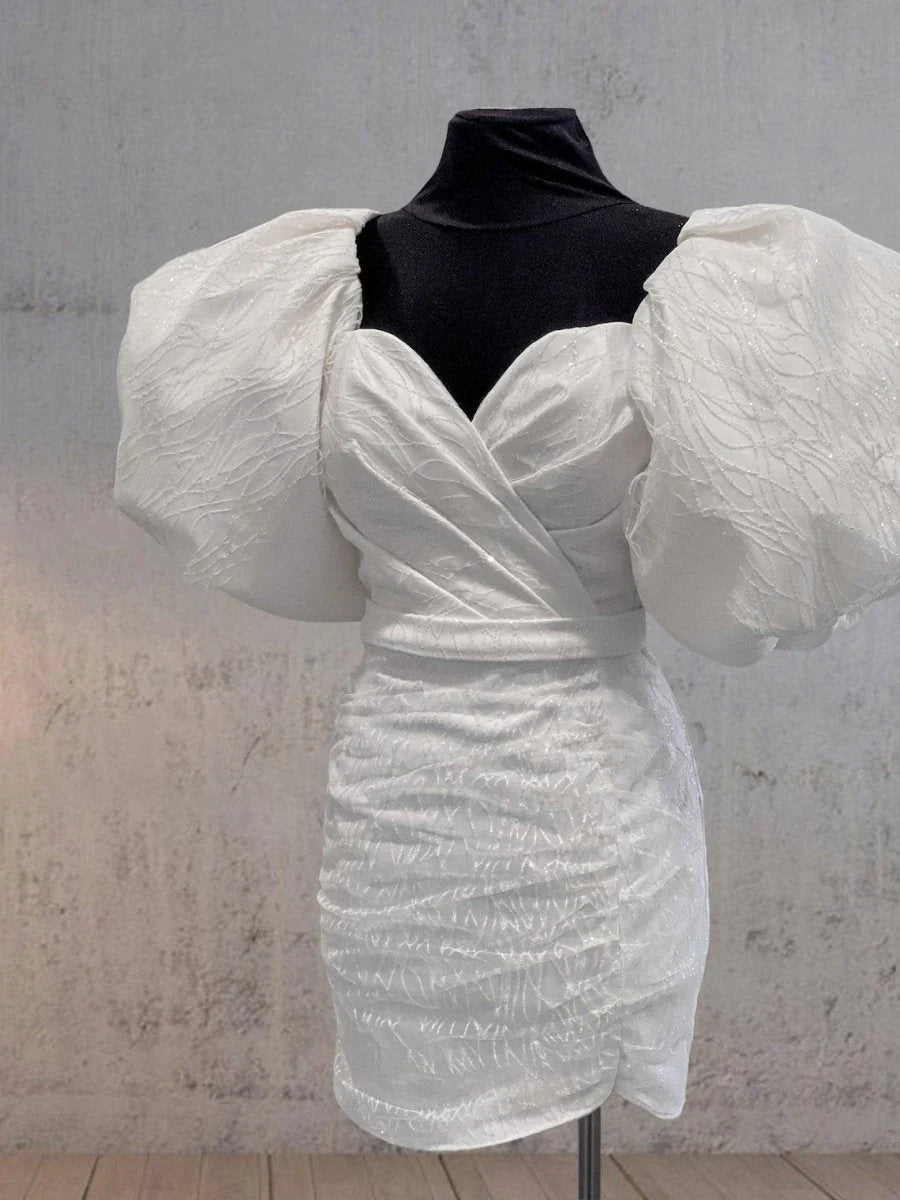 Sheath White Puff Sleeves Short V Neck Wedding Dress