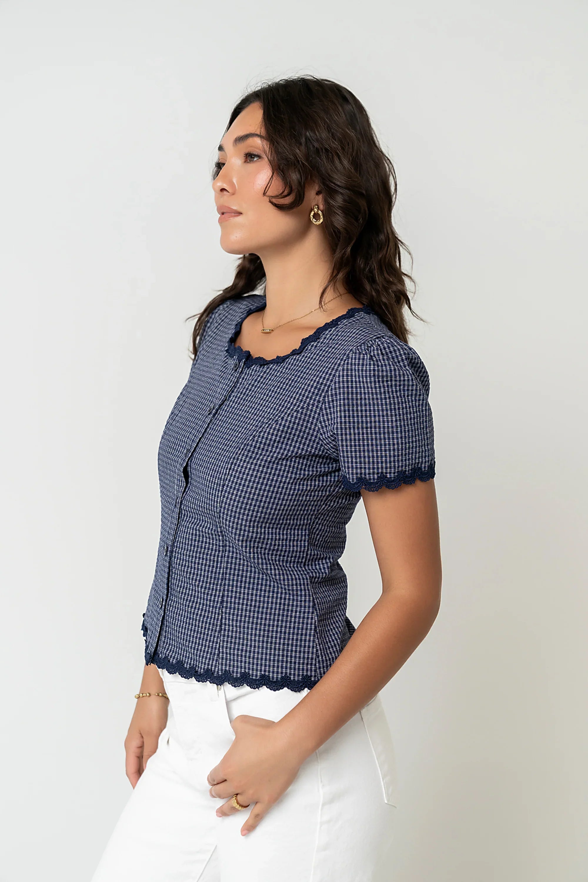 Serra Lace Trim Blouse in Navy