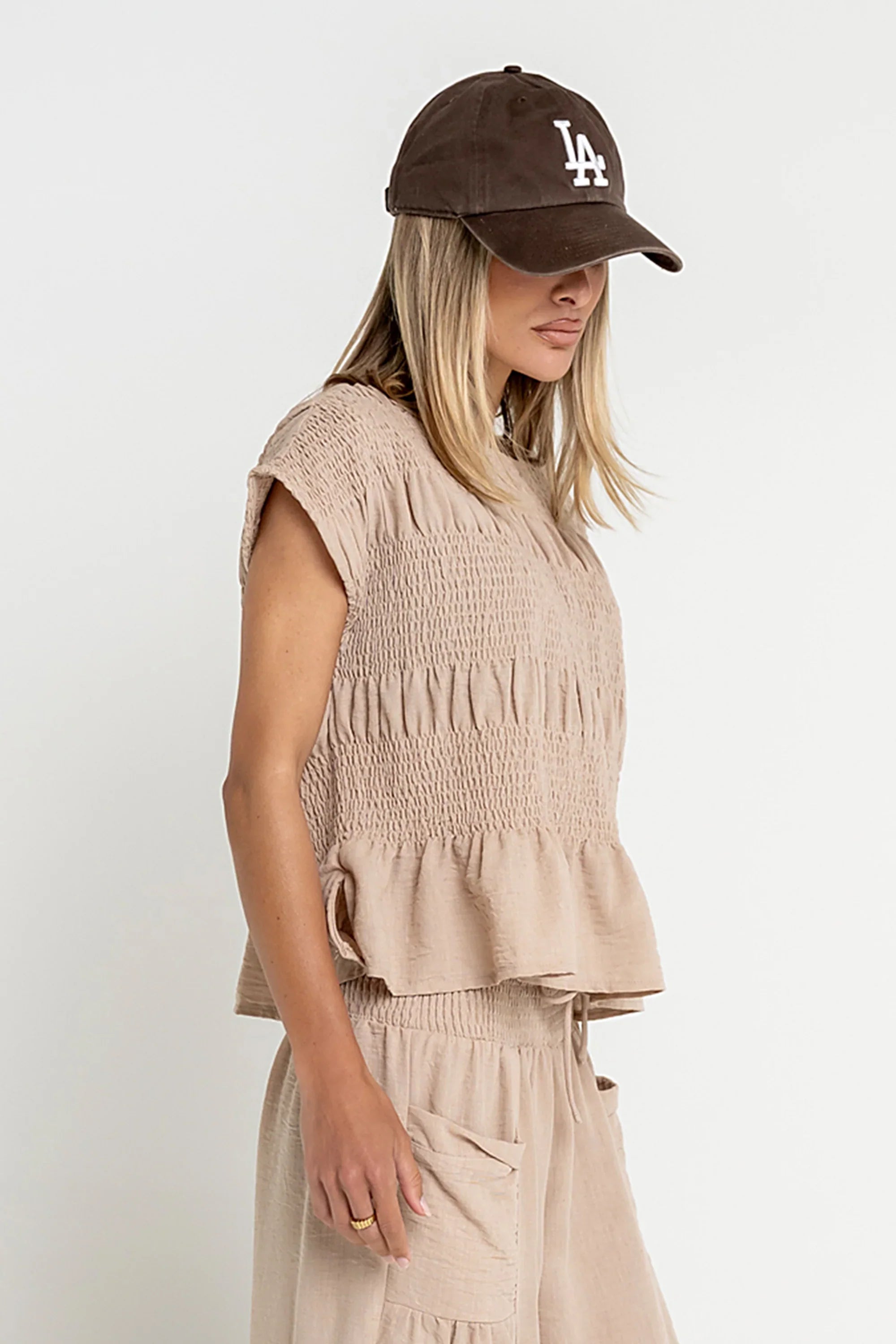 Ashton Smocked Top in Taupe