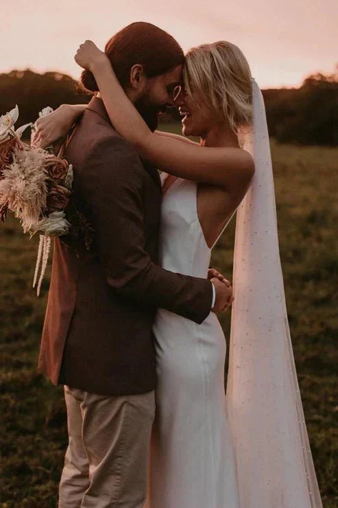 Spaghetti Straps V neck Simple Beach Wedding Dress