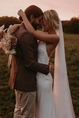 Spaghetti Straps V neck Simple Beach Wedding Dress