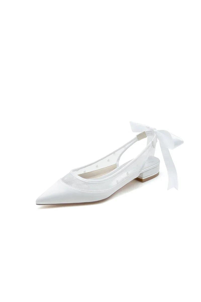 Satin Pointed Toe Mesh Low Heels With Bow