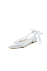 Satin Pointed Toe Mesh Low Heels With Bow