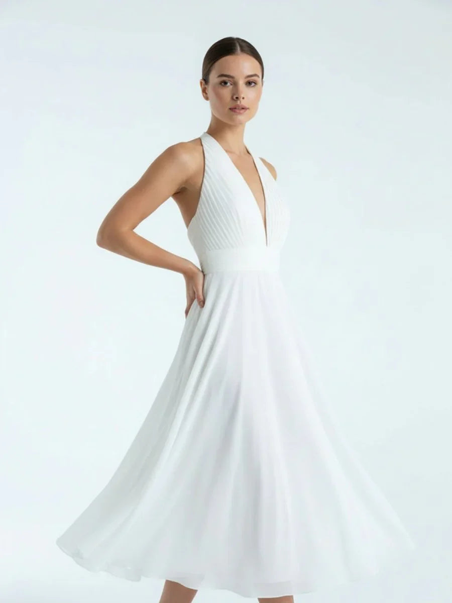 Vintage Tea Length Chiffon Wedding Dress With Halter Neck and Bow