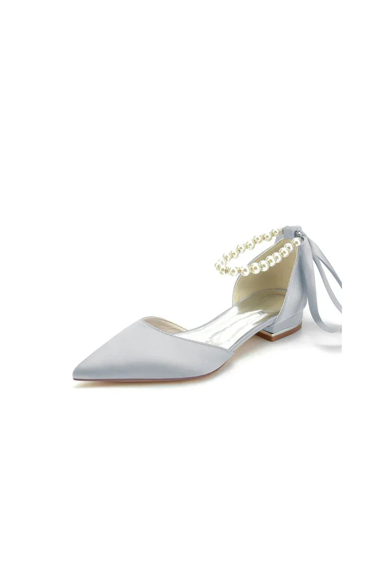 Pearl Ribbon Pointed Toe Ankle Strap Kitten Heels