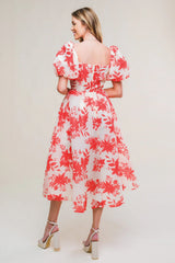 COTTAGE GARDEN PUFF SLEEVE MIDI DRESS RED