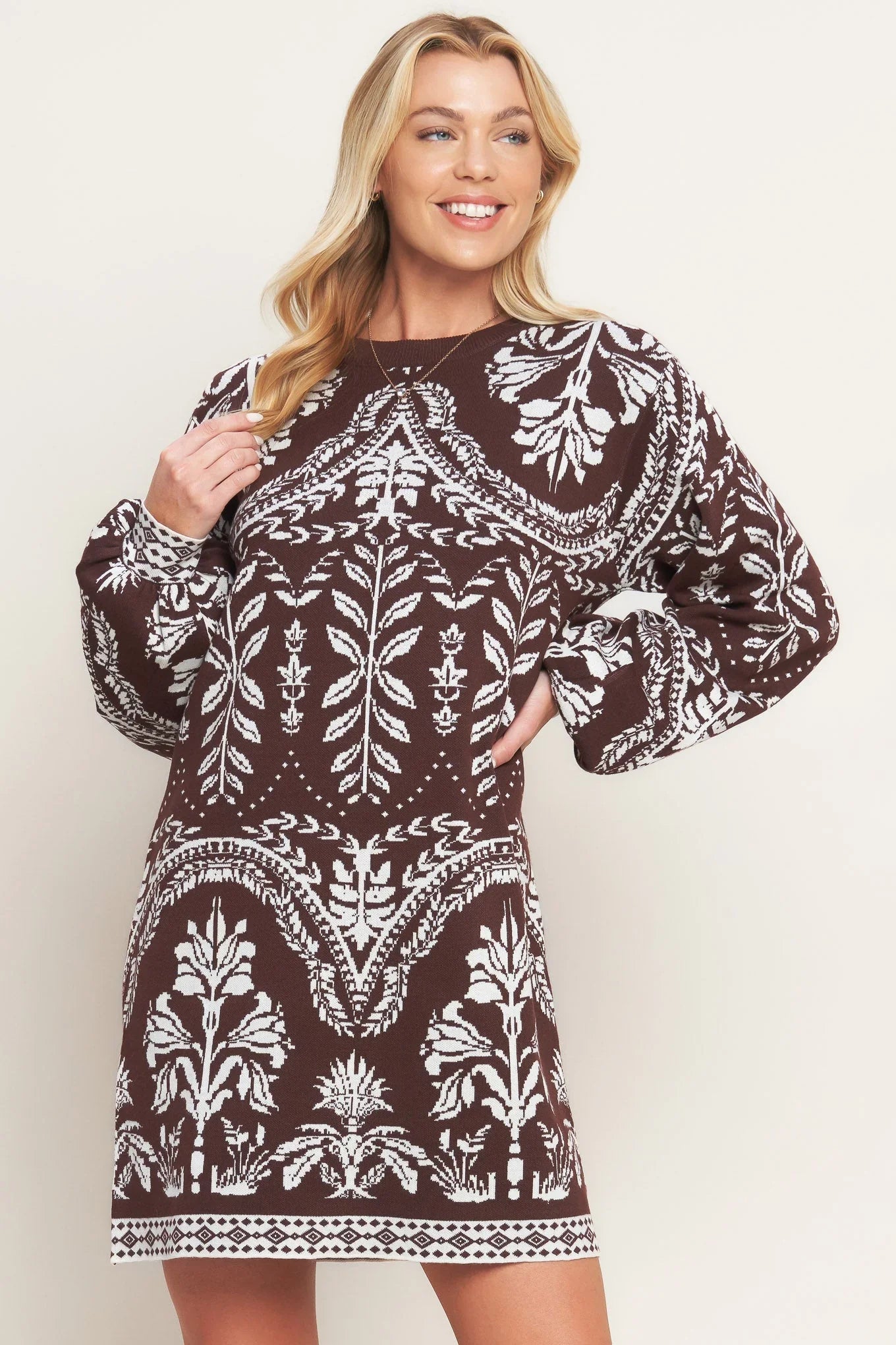 TERRA TAPESTRY BROWN SWEATER KNIT MINI DRESS