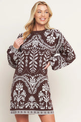 TERRA TAPESTRY BROWN SWEATER KNIT MINI DRESS