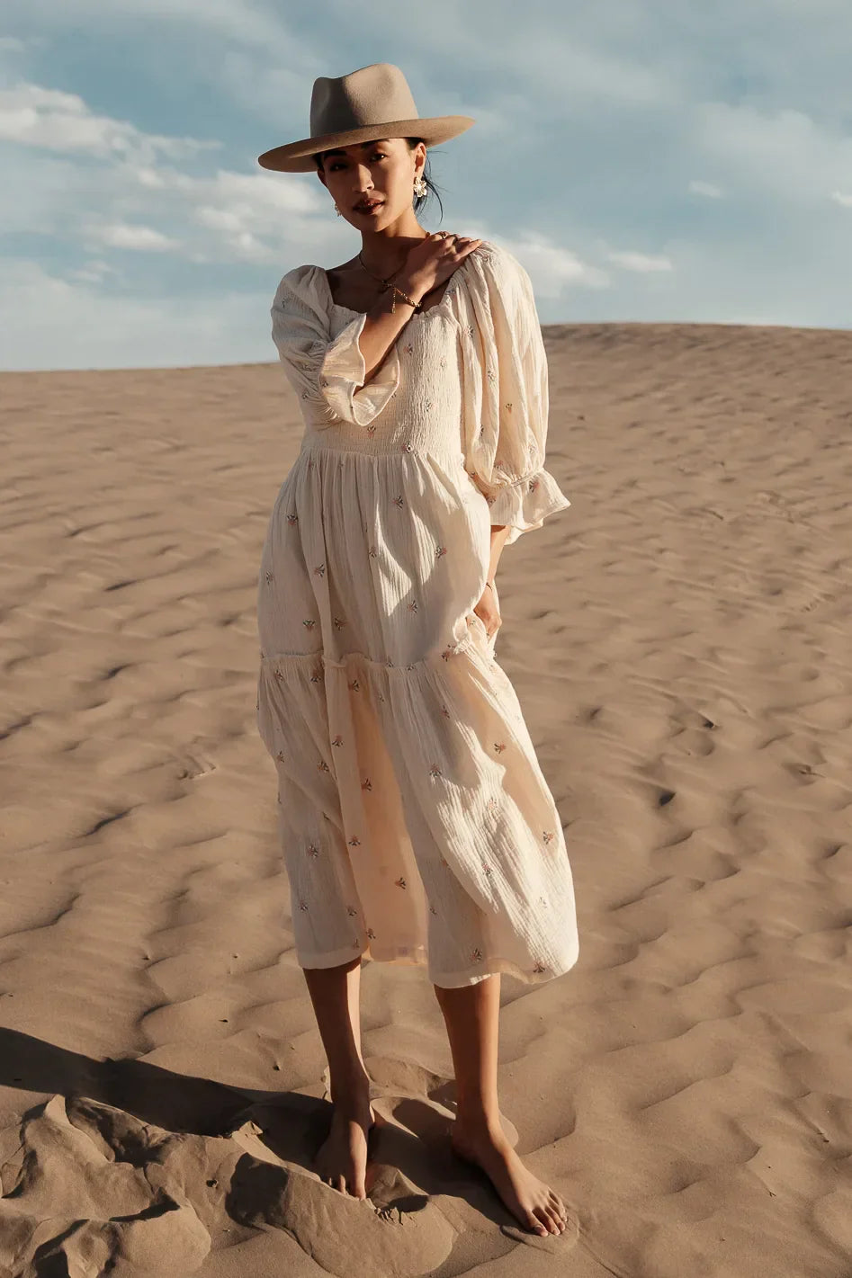 Ditsy Floral Embroidered Dress in Cream FINAL SALE