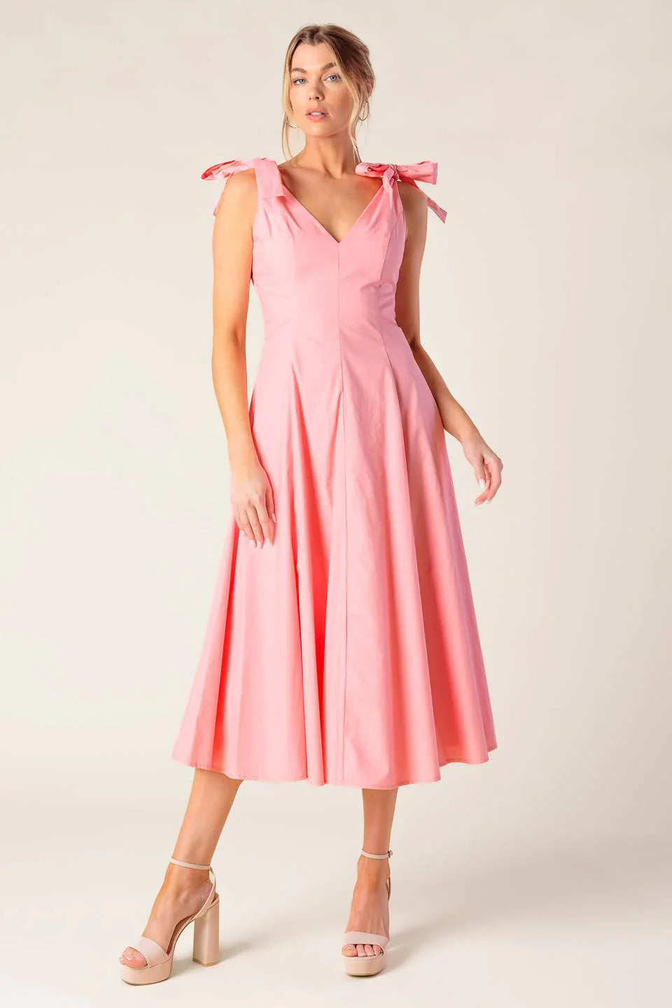 SWEET NOTHINGS SHOULDER BOW MIDI DRESS PEACH