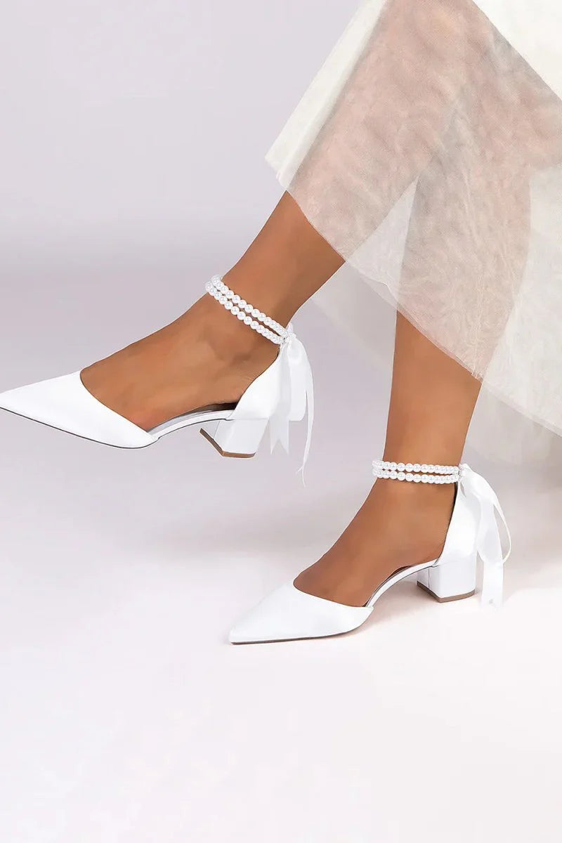 Pointed Toe Double Pearl Ankle Strap Party Shoes With Ribbon Tie