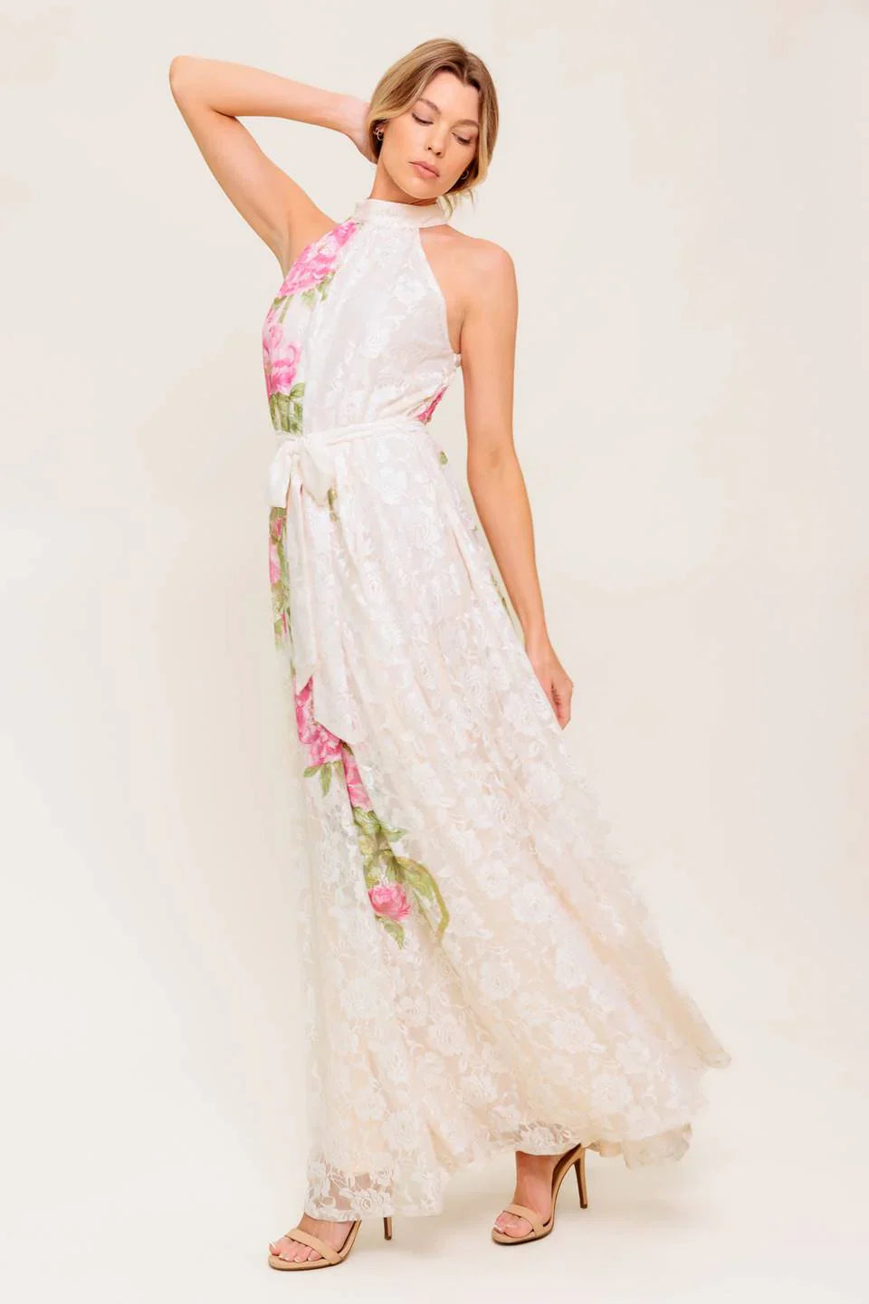 ROSE GARDEN IVORY LACE HALTER MAXI DRESS