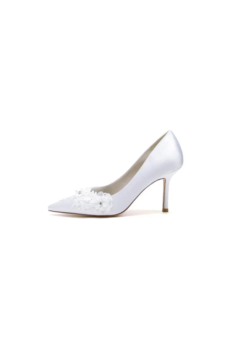 White Wedding Shoes Stiletto Heel Satin With Lace