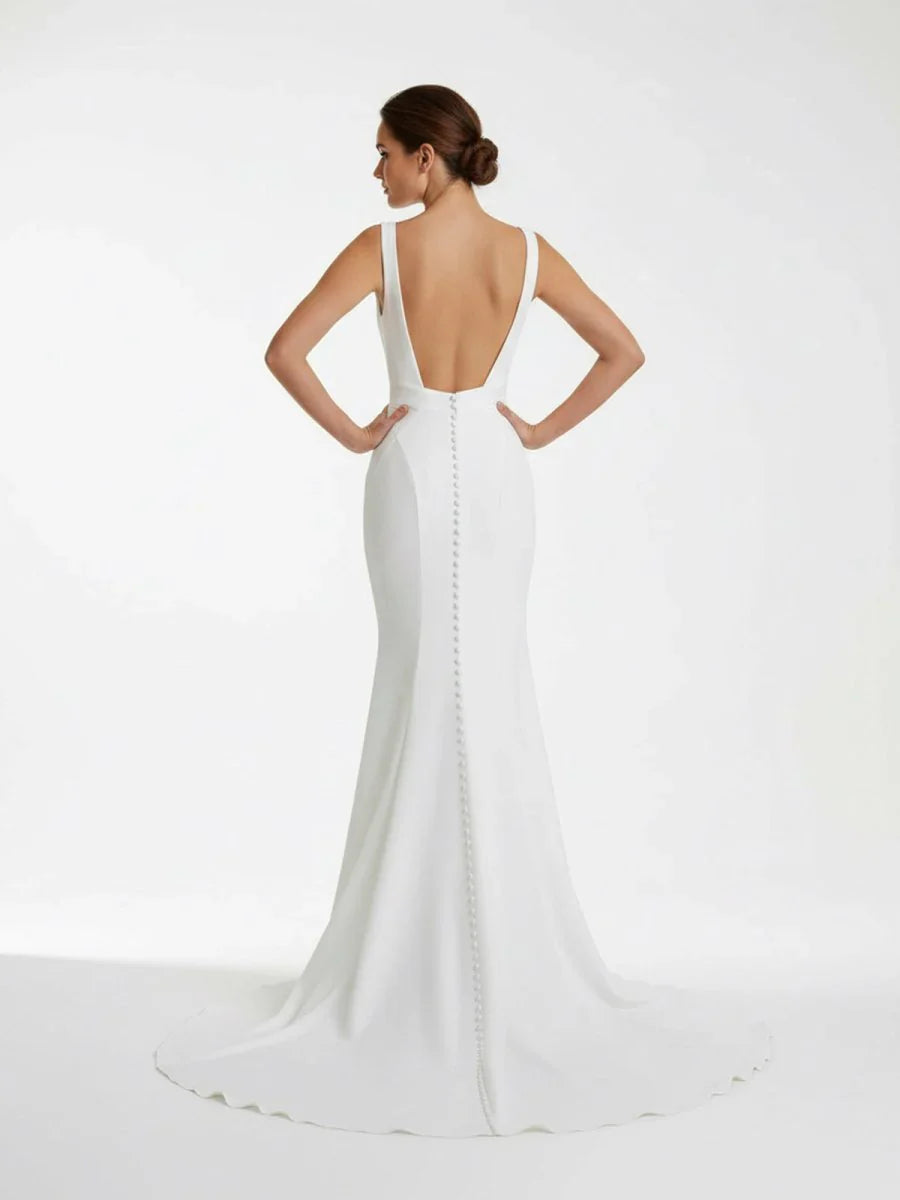 Ivory Plunge V Open Back Mermaid Long Wedding Dress