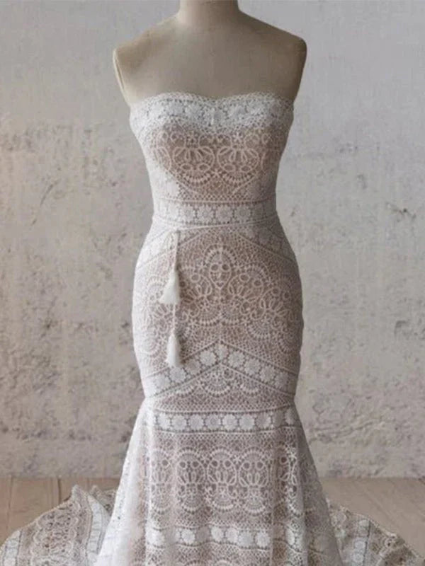 Vintage White Mermaid Lace Wedding Dress with Tassel