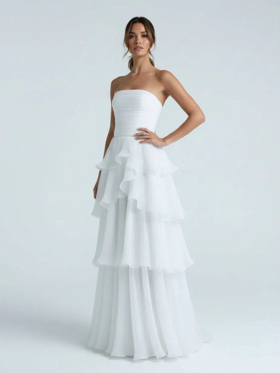 Cute A Line Chiffon Strapless Tiered Wedding Dresses