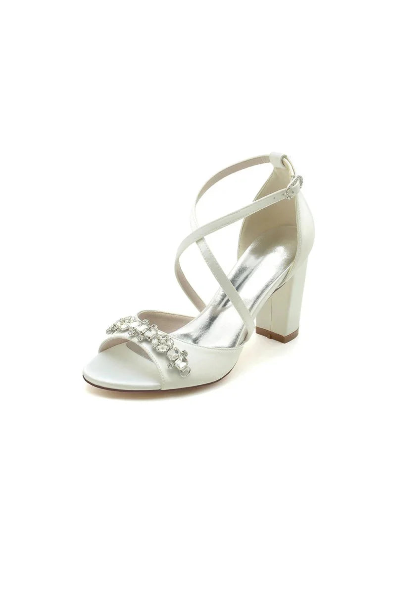Champagne Cross Strap High Heels with Crystal Embellishments