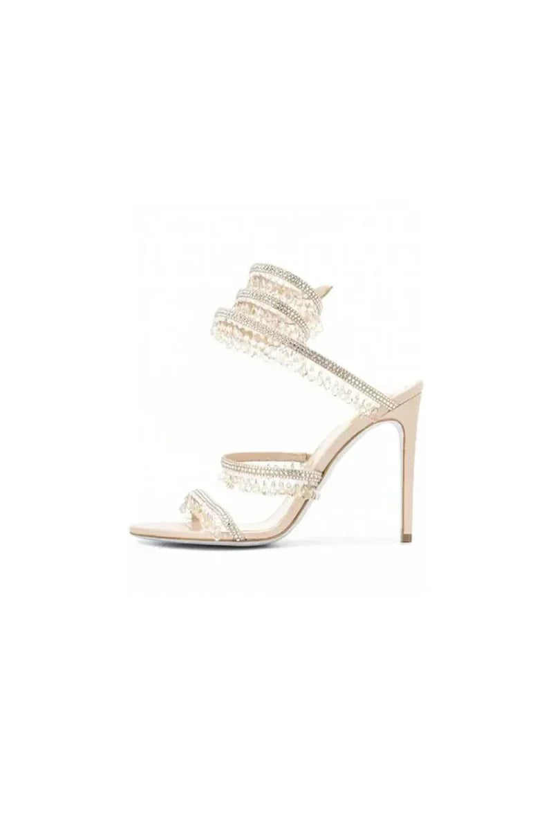 Open Toe Ankle Wrap Beaded Crystal Stiletto Heels