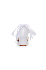 Single Strap Chunky Heels Sandals with Beaded Ribbons