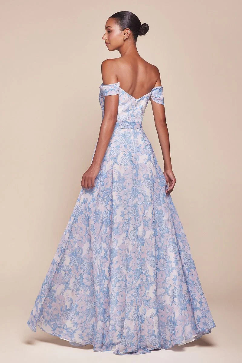TILDA GOWN ROSE OFF THE SHOULDER FLORAL PRINTED A LINE DRESS