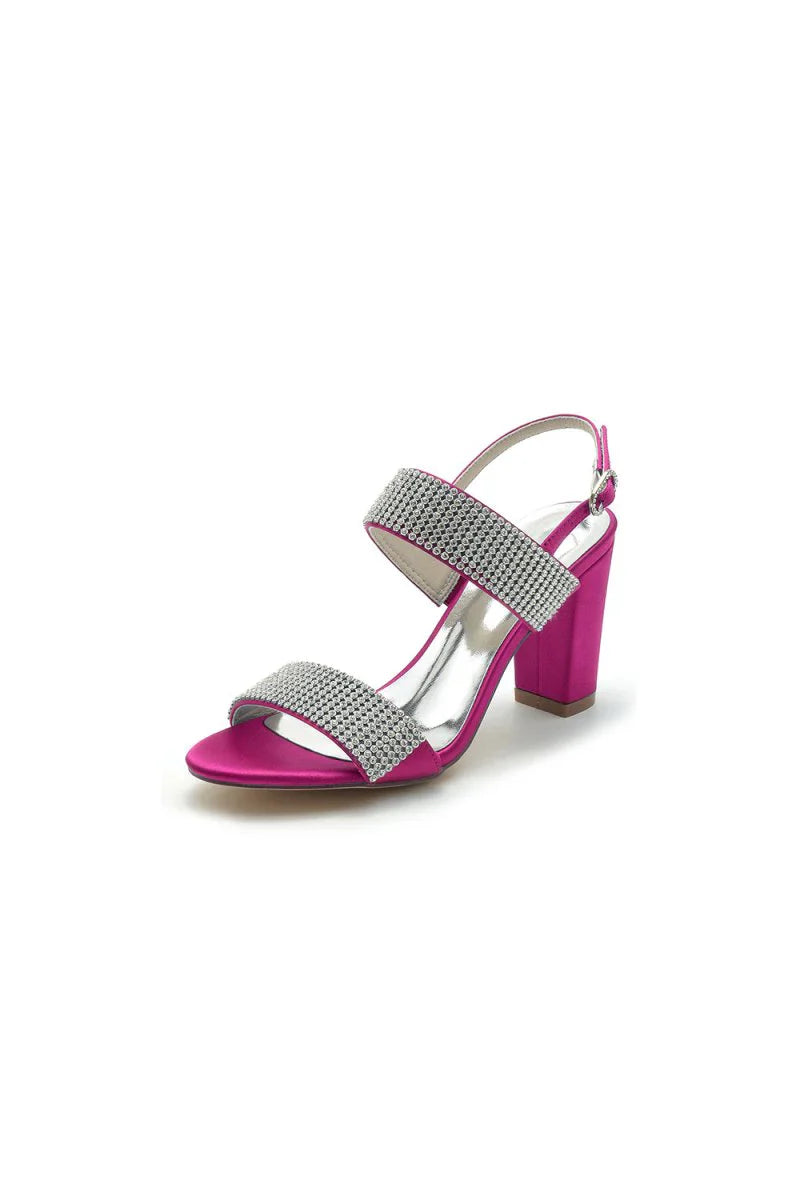 Open Toe Beaded Buckle Satin Chunky Heels
