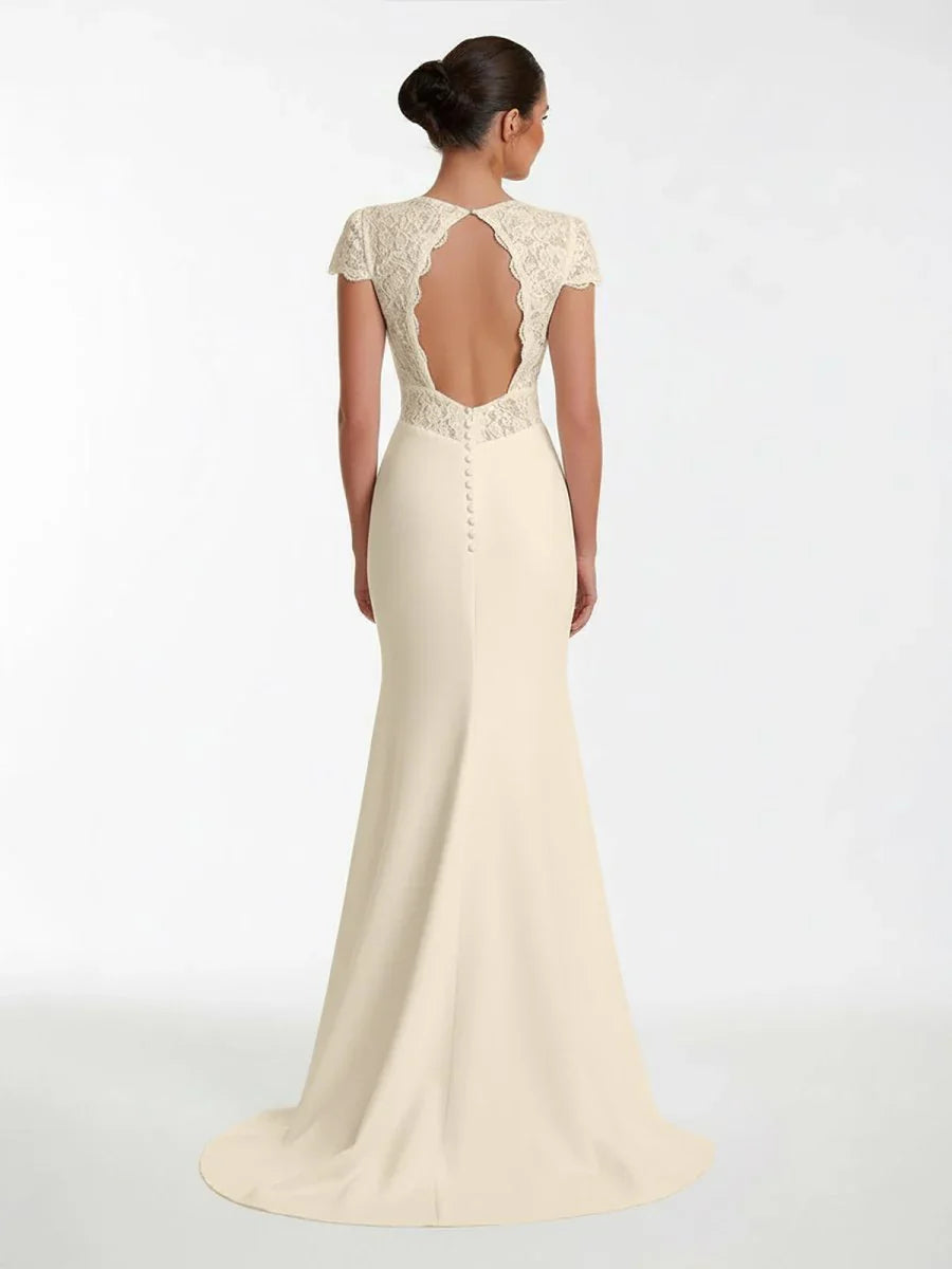 Modest Simple Sheath Short Sleeve Empire Floor Length Sweep Train Chiffon V neck Wedding Dress