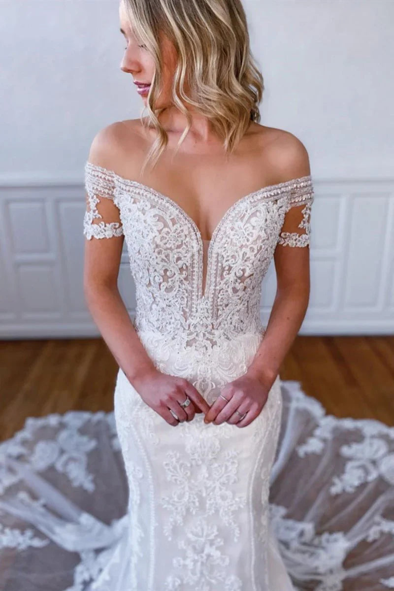 Mermaid Off the Shoulder Short Sleeves Long White Lace Bridal Dress
