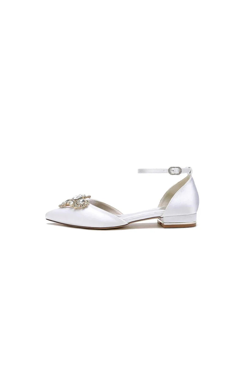 Satin Pointed Toe Ankle Strap Rhinestone Kitten Heels