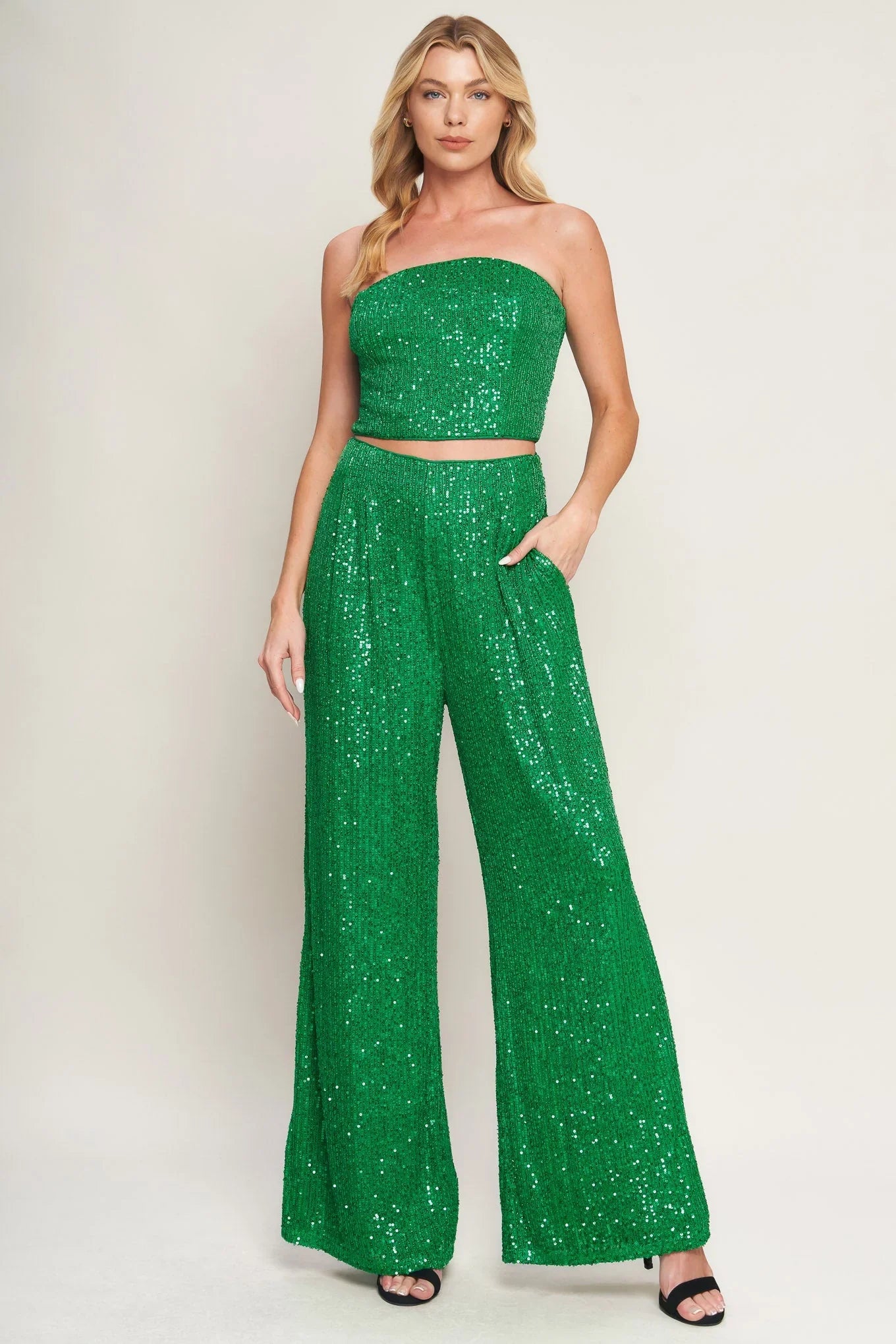 CHARMING COMPOSURE SEQUIN CROP TOP PANT SET