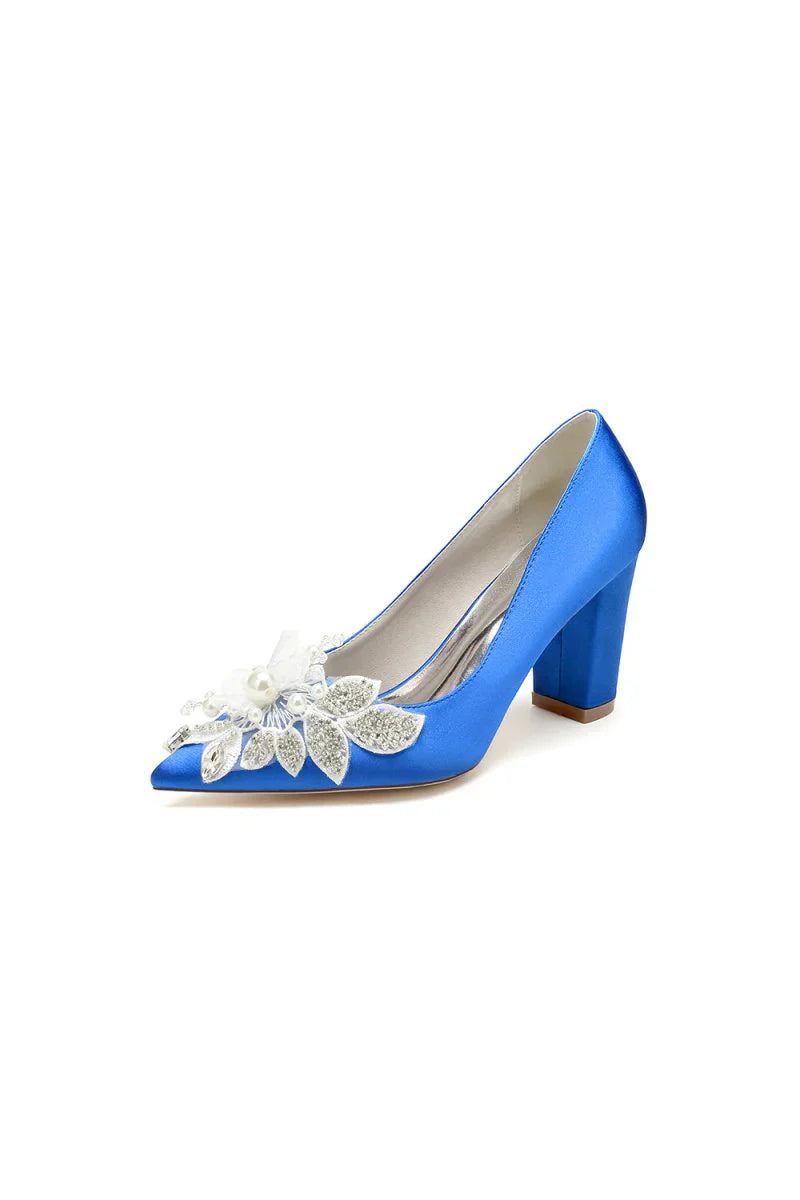 Floral Beaded Pointed Toe Chunky Heel