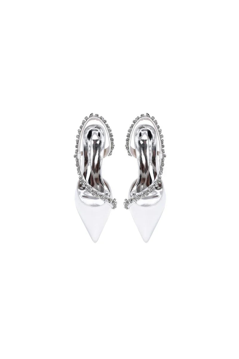 White Satin High Heels with Crystal Embellishments