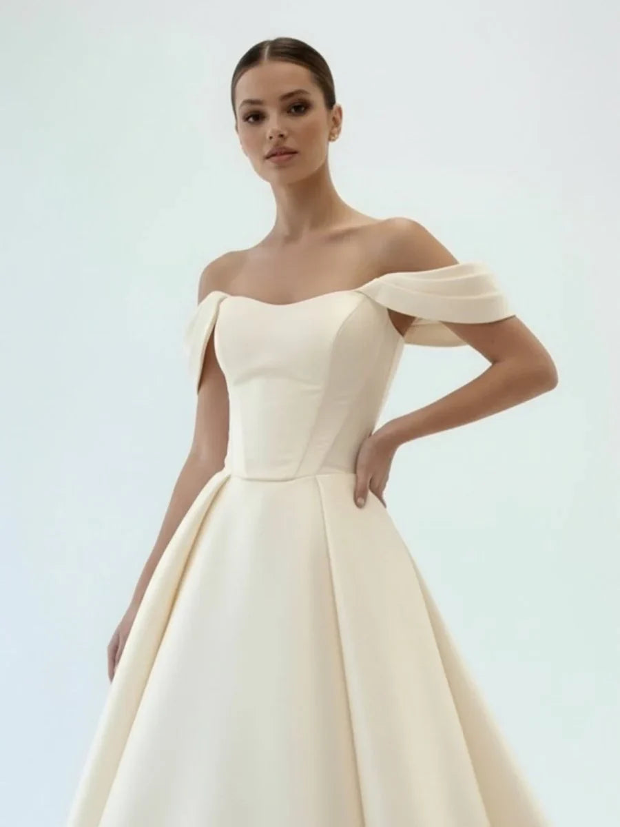 Elegant A Line Off the Shoulder White Satin Wedding Dresses