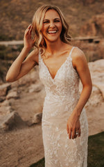 Sexy Mermaid V neck Lace Sleeveless Wedding Dress with Sweep Train Simple Elegant Ethereal Country Garden