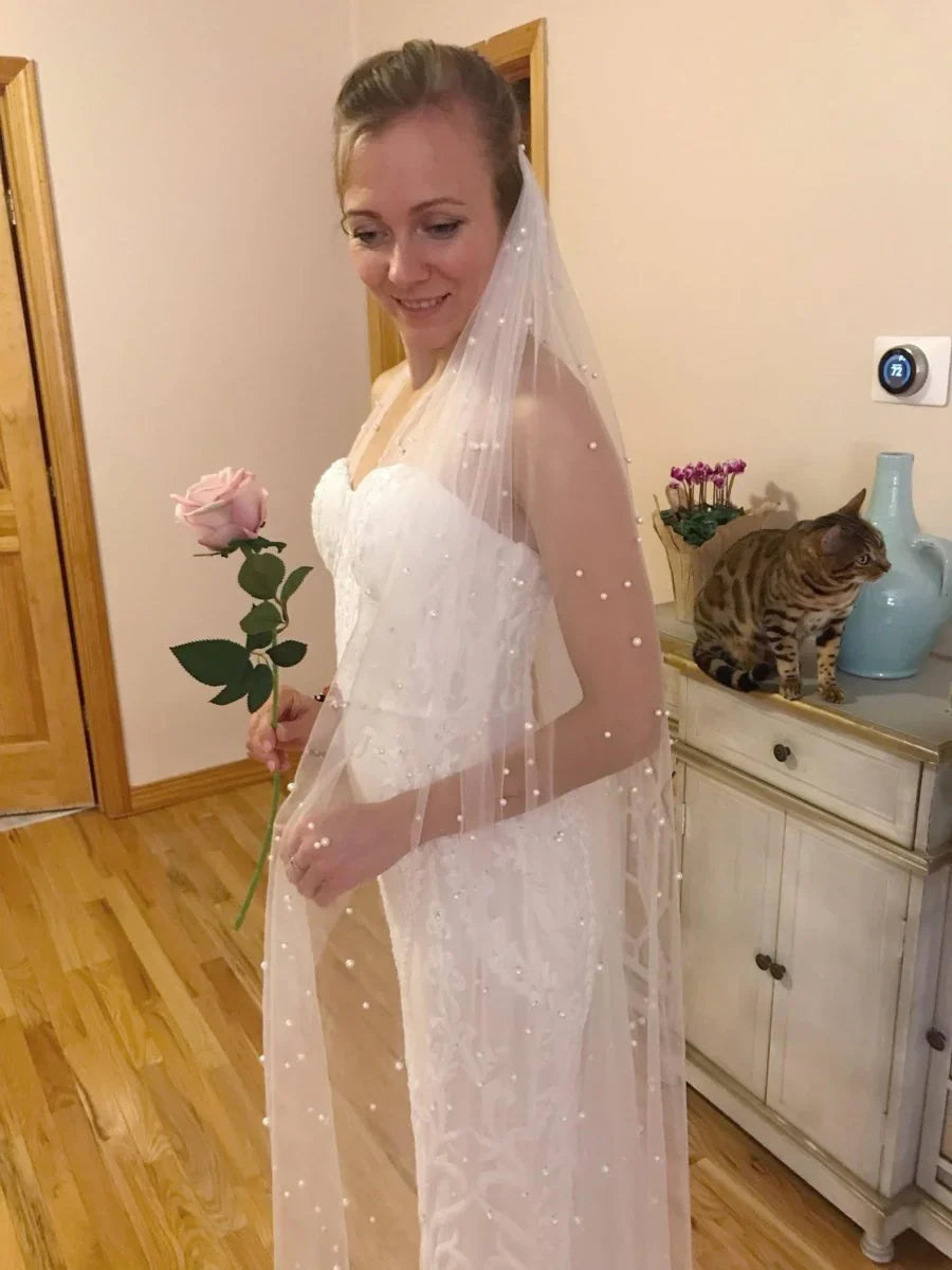 Vintage Lace Tulle Pearl Bridal Veil Wedding Veil