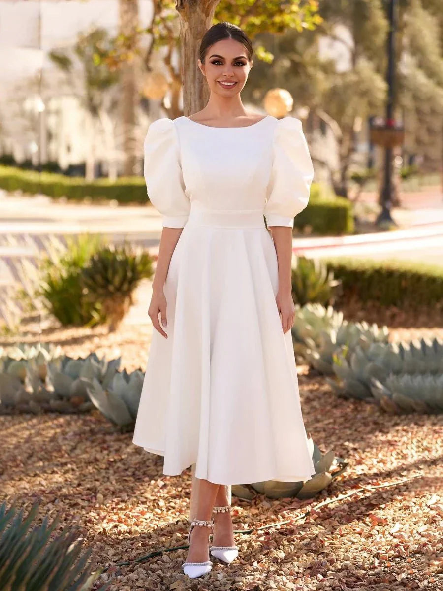 Elegant Bateau A Line Satin Knee length Wedding Dress