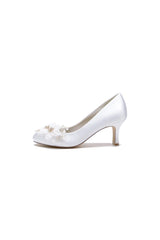 Rhinestone White Chunky Heels with Flower