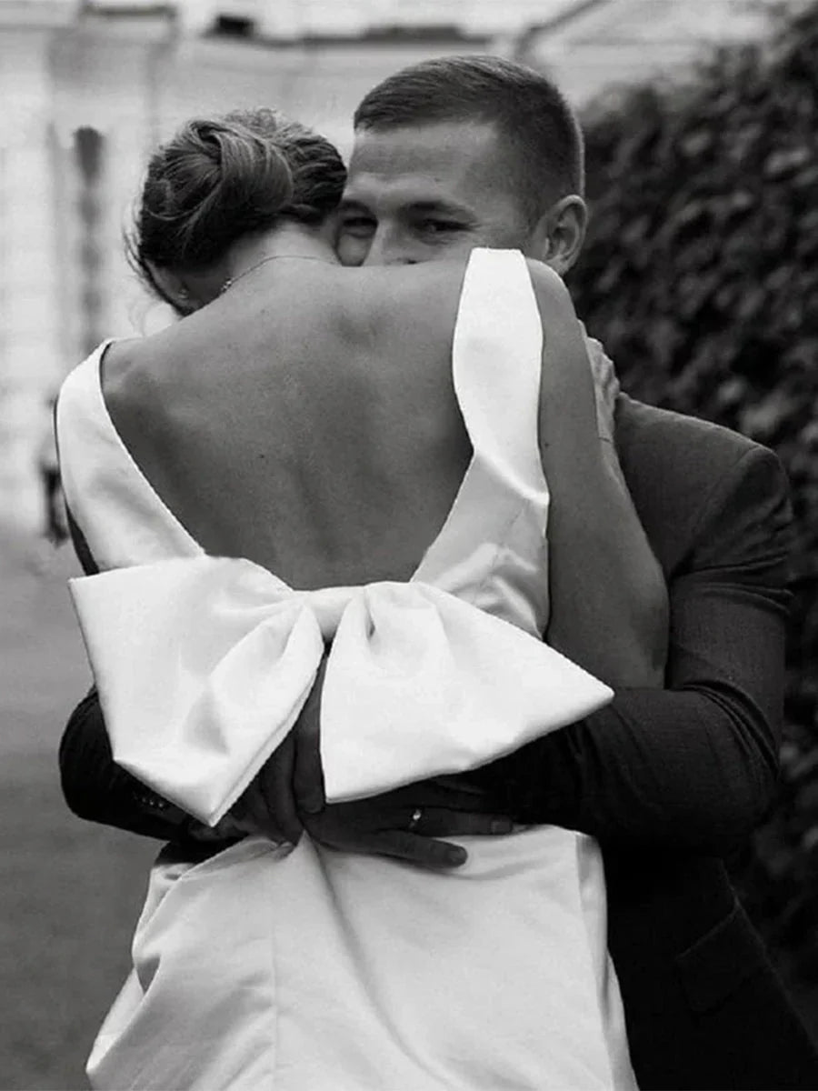 A Line Satin V Neck Short Wedding Dress with Large Bow