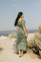 Eugena Ruffled Maxi Dress in Teal