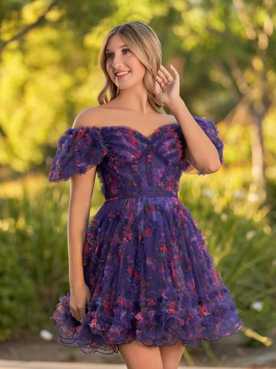Ivana A Line Off the Shoulder Printed Tulle Short Homecoming Dress