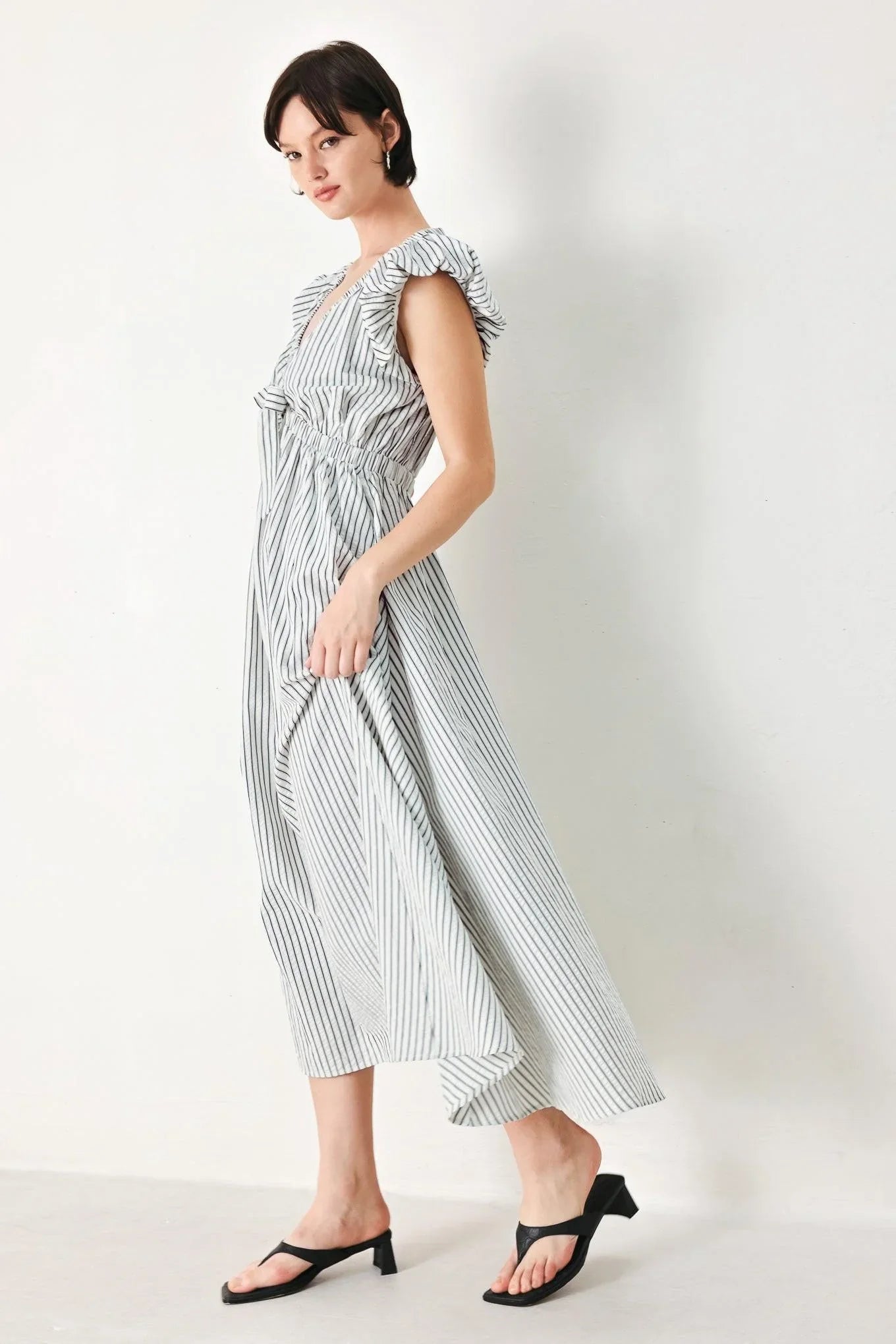 WHISPER STRIPE EMPIRE WAIST MIDI DRESS