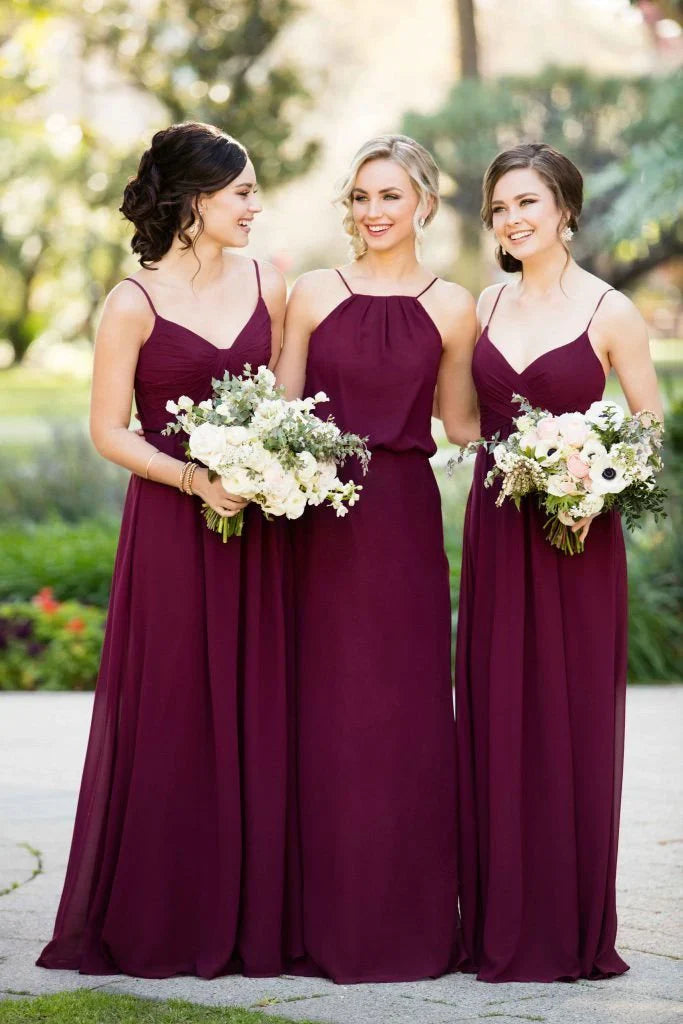 Mix A Line Chiffon Sleeveless Burgundy Straps Long Bridesmaid Dresses