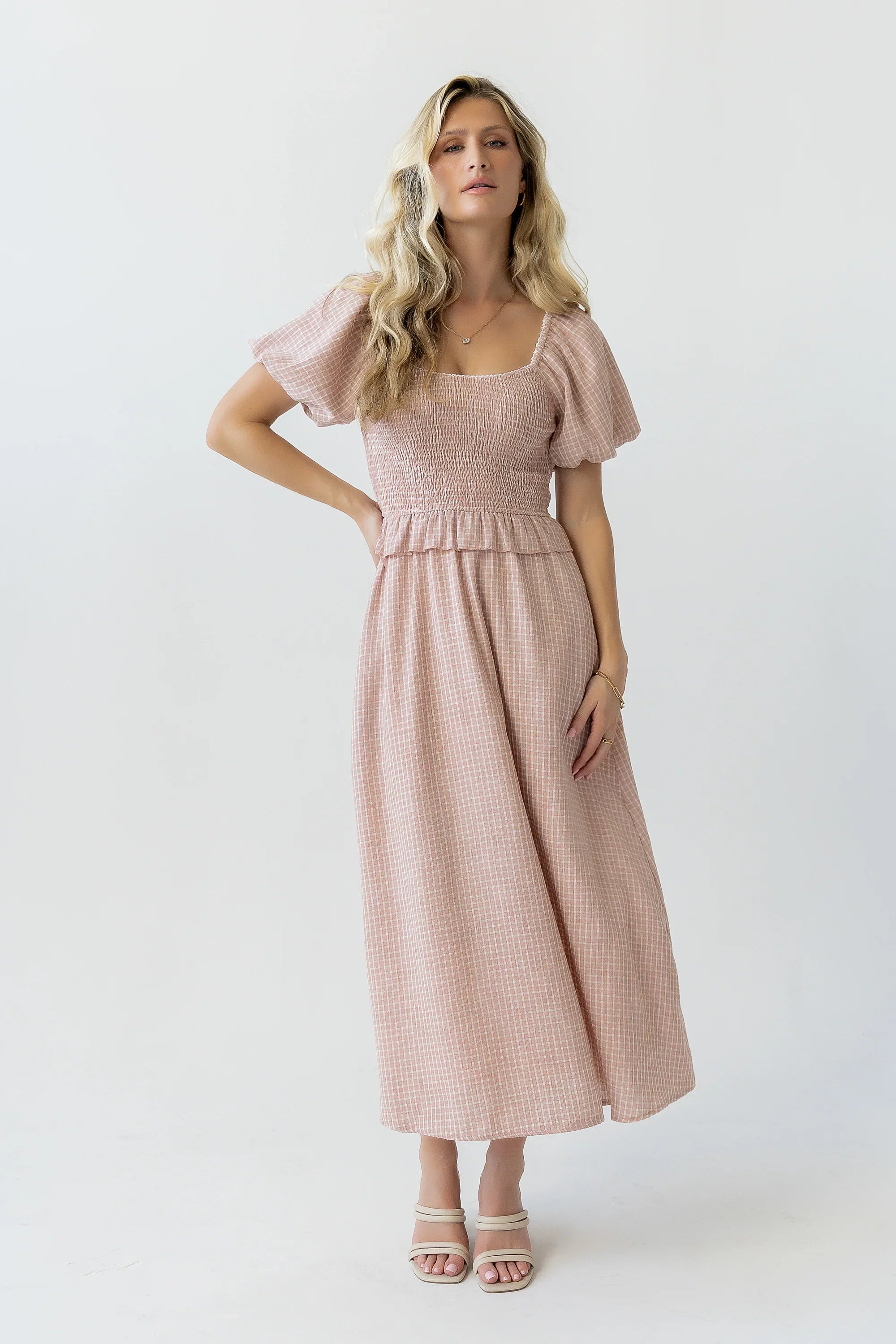 Renley Plaid Midi Dress in Clay