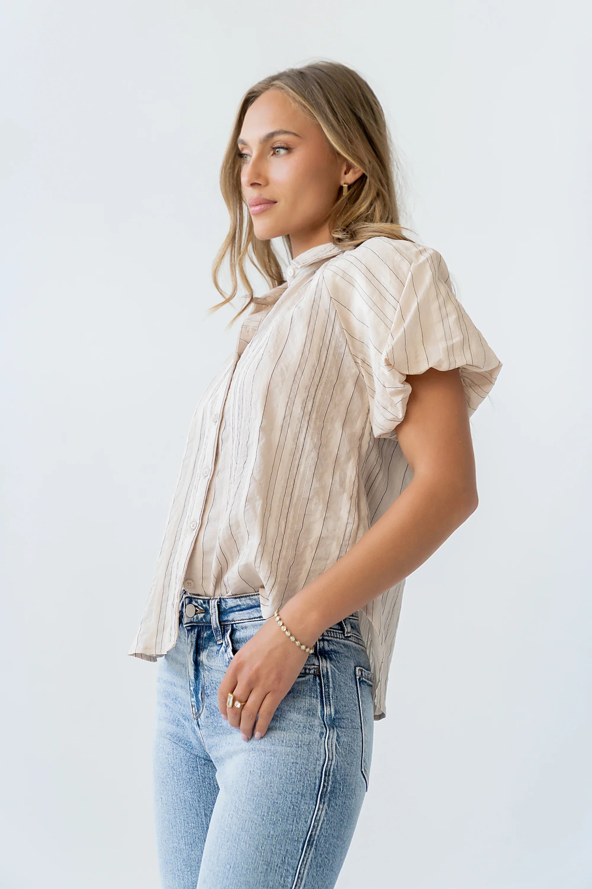 London Striped Button Up in Peach