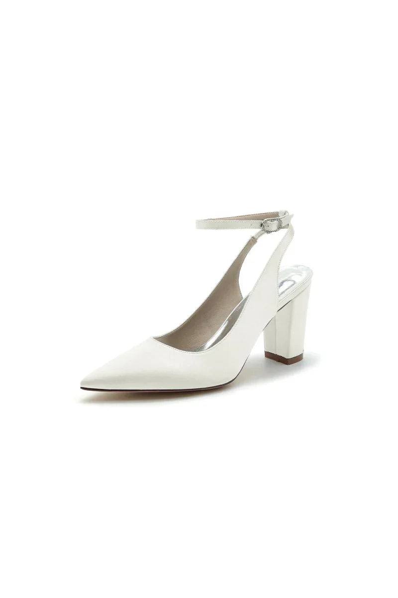 Satin Pointed Toe Ankle Strap Chunky Heels