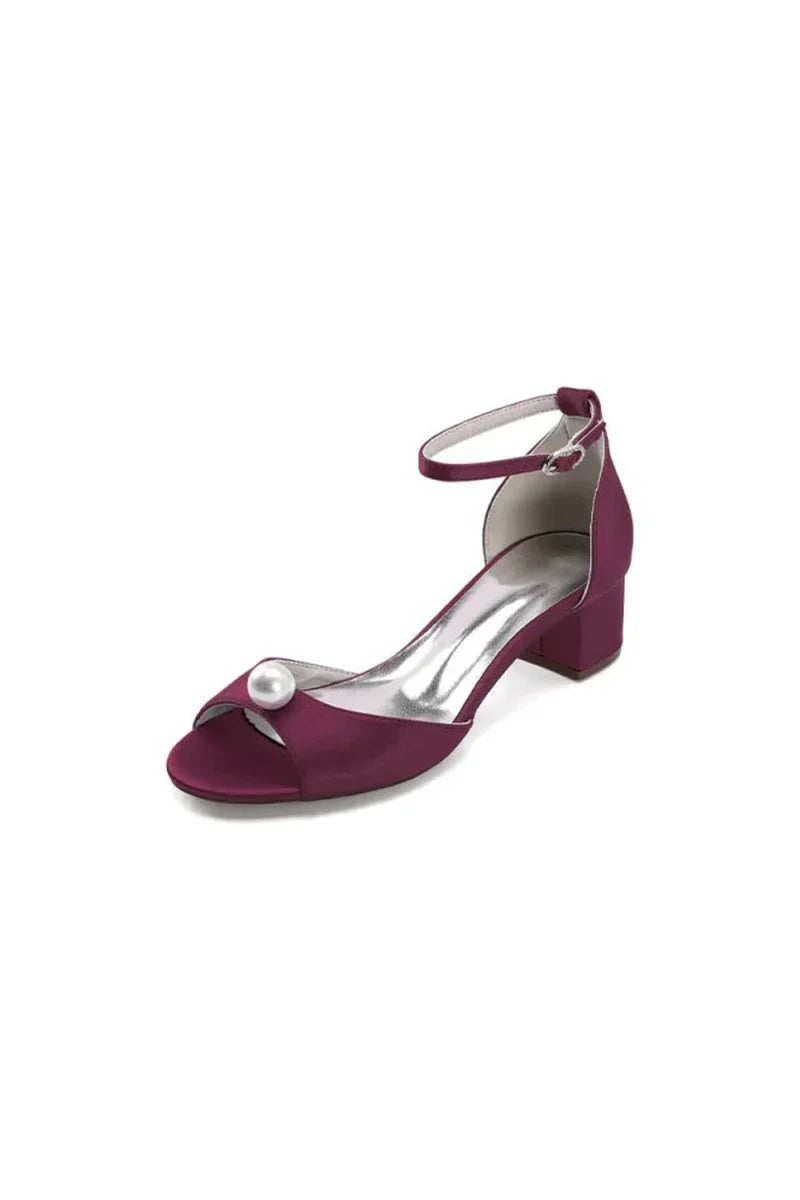 Satin Low Heel Sandals with Pearl Accent and Ankle Strap