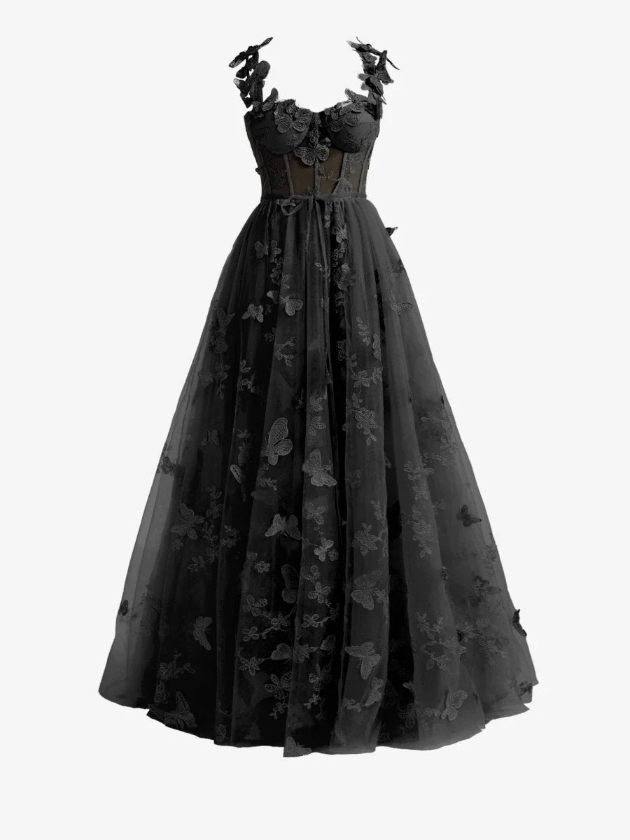 Black A line Butterfly Lace Lilac Corset Prom Dress with Slit