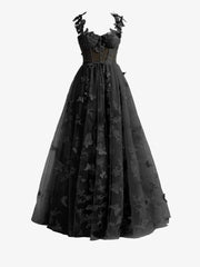 Black A line Butterfly Lace Lilac Corset Prom Dress with Slit