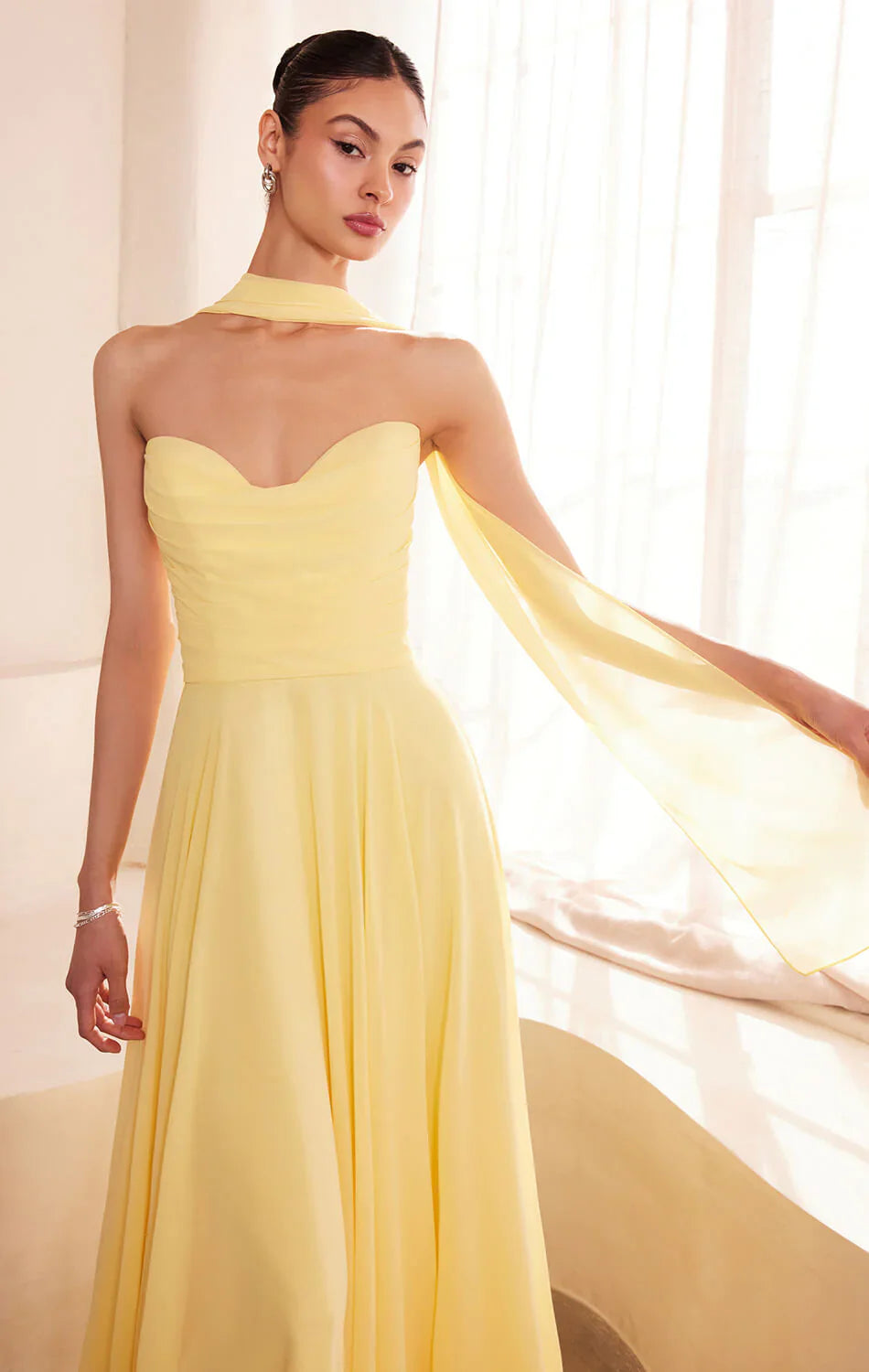 Ella Gown A line Strapless Chiffon Dress With Scarf